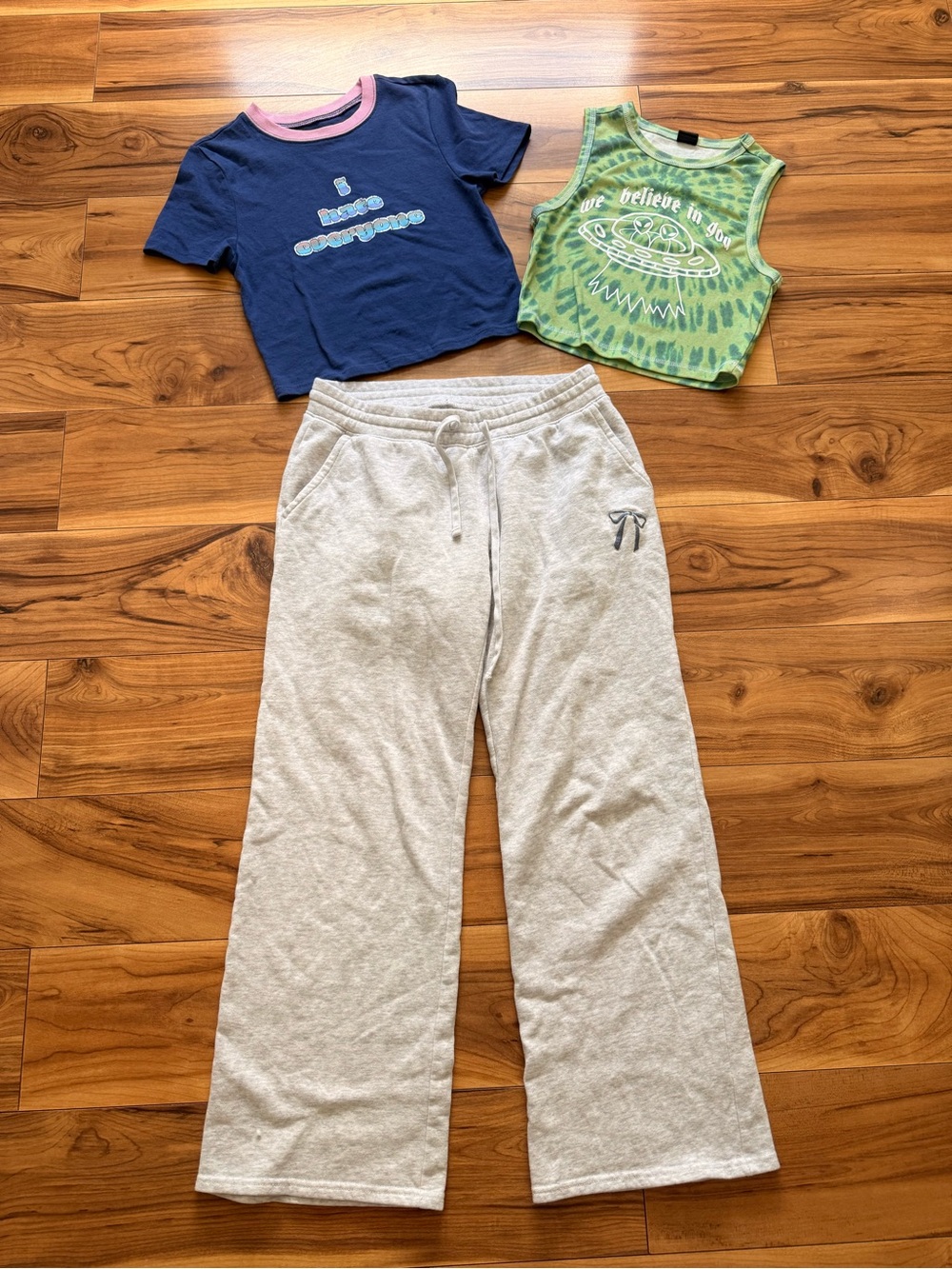 Cozy Drawstring Sweatpants - Light Gray and 2 shirts
